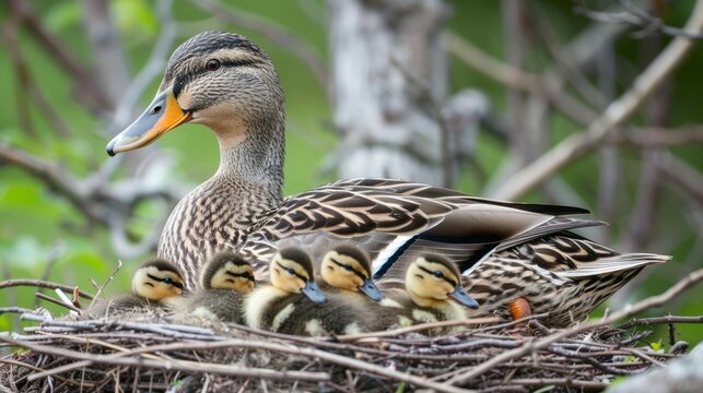 A close-up of a mother duck with ducklings in a natural setting. The image captures the nurturing care and maternal instinct of the mother duck as she protects her offspring in their nest.