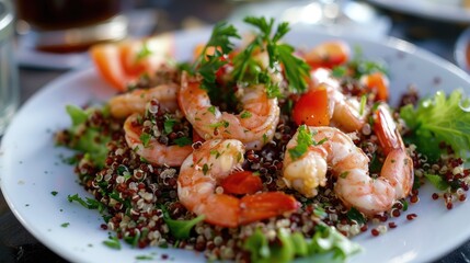 Typical peruvian food and drinks quinoa with shrimp