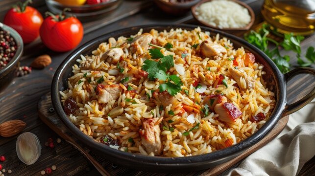 Turkish Perde Pilavi Drape pilaf with chicken almond and raisin A local flavor Rice from Siirt region Turkish name Siirt perde pilavi