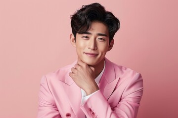Fototapeta premium A handsome young Korean man in a pink suit, against a pastel colored background