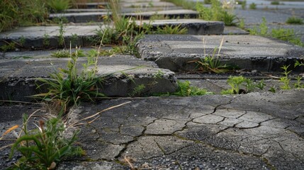 Naklejka premium old concrete slabs of which the road was made in the park through the sutures the grass grew a closeup of the old collapsing infrastructure