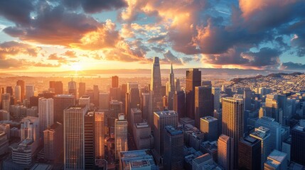 Fototapeta premium An aerial perspective of a modern city at sunset. The cityscape features a mix of contemporary and classic architecture, with towering skyscrapers and historic buildings standing side by side. The