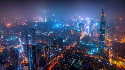 Fototapeta premium An impressive top view of a city's skyline at night. The urban landscape is illuminated by countless lights from buildings, streets, and vehicles. The skyscrapers stand tall against the dark sky,