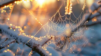 A closeup of winter spider webs illuminated by the morning sun draped over frost covered branches and glistening with dew like droplets