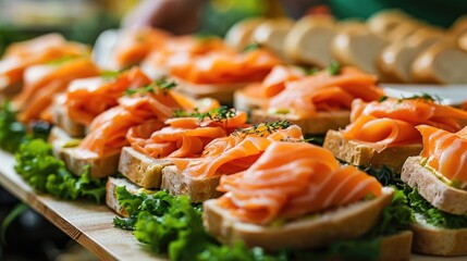 Smoked Salmon sandwiches Finger Food Brunch Buffet A delectable spread of tasty finger food from smoked salmon sandwiches to wheat bread and sandwich quarters with chicken fillet and lettuce