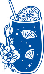 Glass of lemonade is decorated with small flowers from summer garden, with addition of lemon