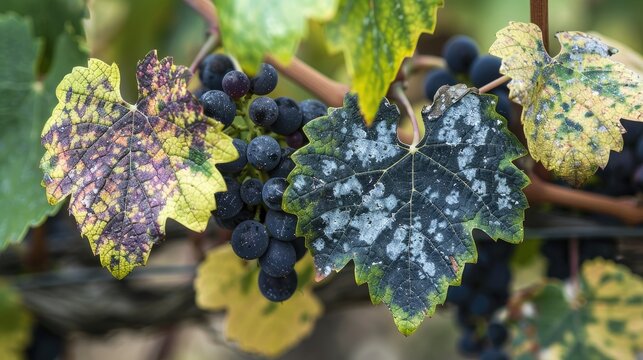 The leaves and berries of grapes are affected by fungal disease downy Mildew false mildew An example of grape disease