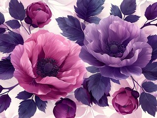 Beautiful purple flowers, roses, peonies, floral background pattern