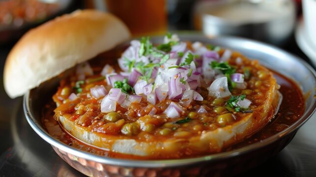 Misal pav is a popular Maharashtrian street food of usal sprouts curry topped with onions tomatoes farsan and chutney