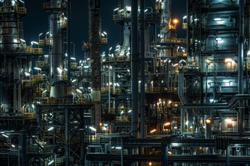 Oil refinery at night, showcasing its intricate structure