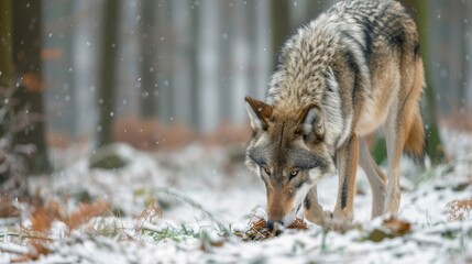 Obraz premium Gray wolf Canis lupus in forest in winter day Animal in nature habitat Wolf sniffing for prey