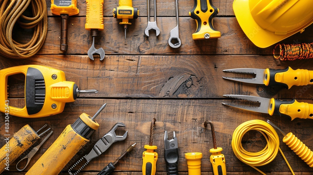 Poster Neatly arranged telecommunications tools including a cable tester keystone jacks and a wire cutter Stock Photo with copy space