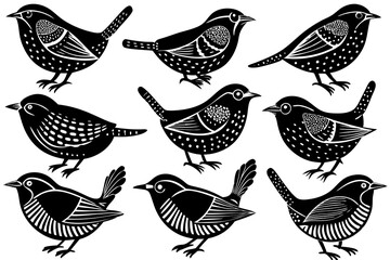 A set of bunches of Beautiful birds Wren with different poses silhouette black linocut vector illustration