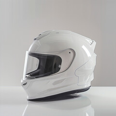 Mock up of plain white full face helmet on table, white background, helmet with aerodynamic design and transparent visor, Ai generated Images