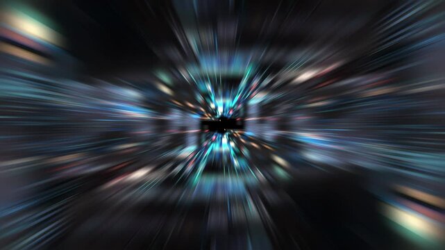 Abstract loop colorful light radial shine ray speed radial zoom for technology and communication vj background. Speed of colorful light, neon glowing rays in motion. 