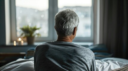 Depression midlife crisis mental breakdown Back view of grey haired middle aged man wearing pajamas sitting alone on bed after waking up at home looking through window copy space