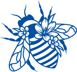 Bee with striped tail and wings near small flowers collects nectar to make natural sweet honey