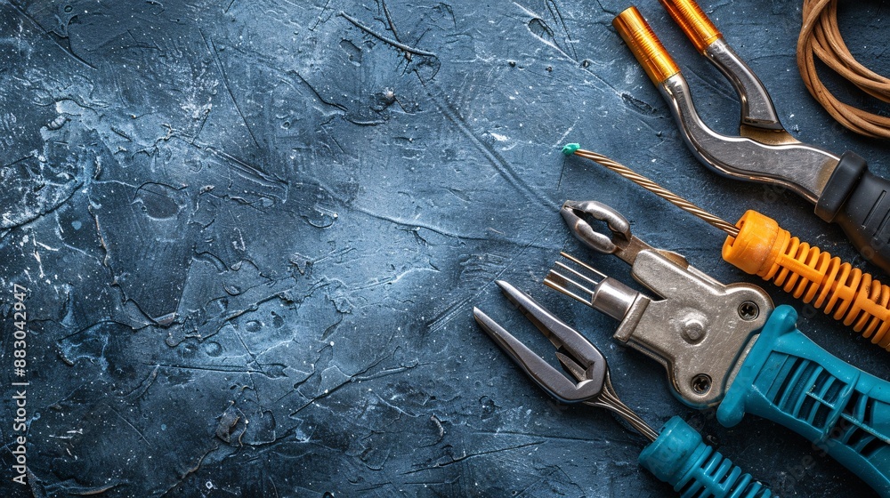 Poster tools and materials for telecommunications work including a network cable tester rj45 connectors and