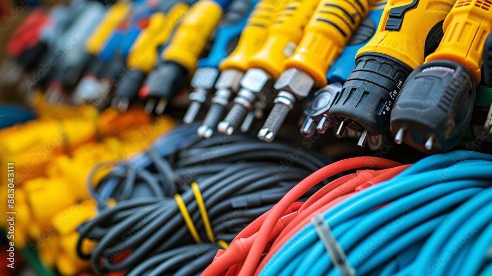 Poster Neatly organized telecommunications tools including a network tester crimping tools and various cables Stock Photo with copy space