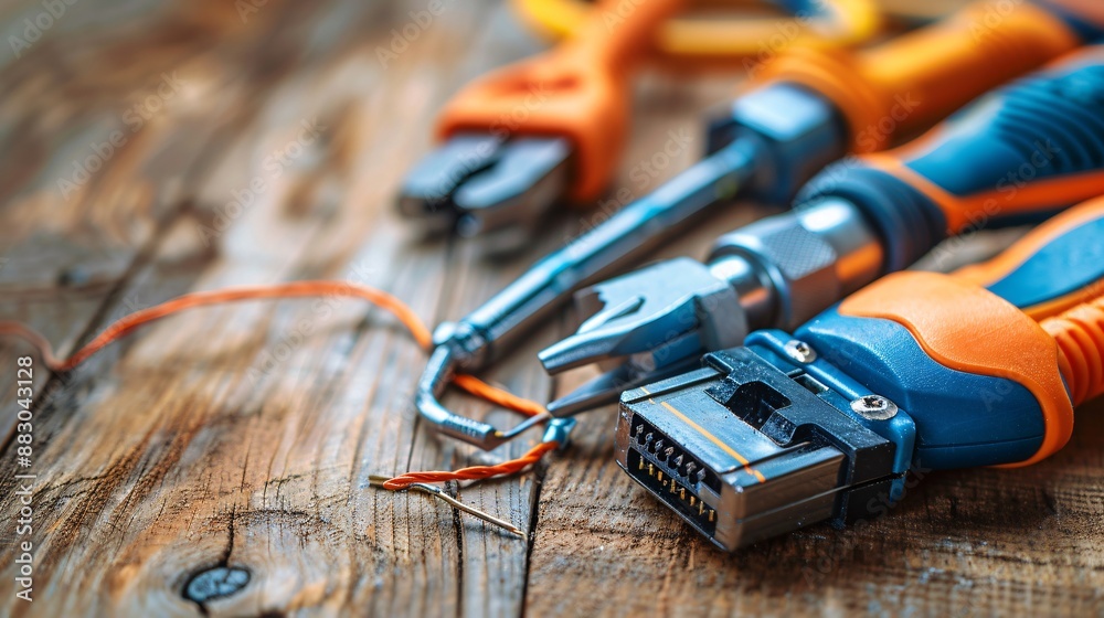Poster Neatly organized telecommunications tools including a network tester crimping tools and various cables Stock Photo with copy space