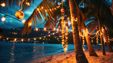 Palm Trees Decorated With Lights on a Beach at Night