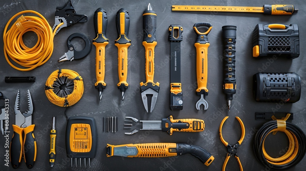 Poster a well-organized flat lay of telecommunications hand tools including crimping tools patch cords and 