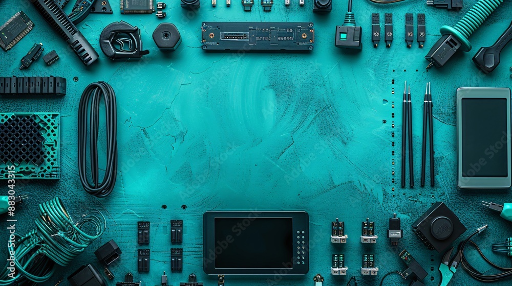 Aufkleber Essential tools for telecommunications work laid out in a flat lay including a network switch keystone jacks and various cables Stock Photo with copy space