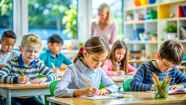 young students writing in classroom with teacher in background, educational concept, international literacy day, teacher's day