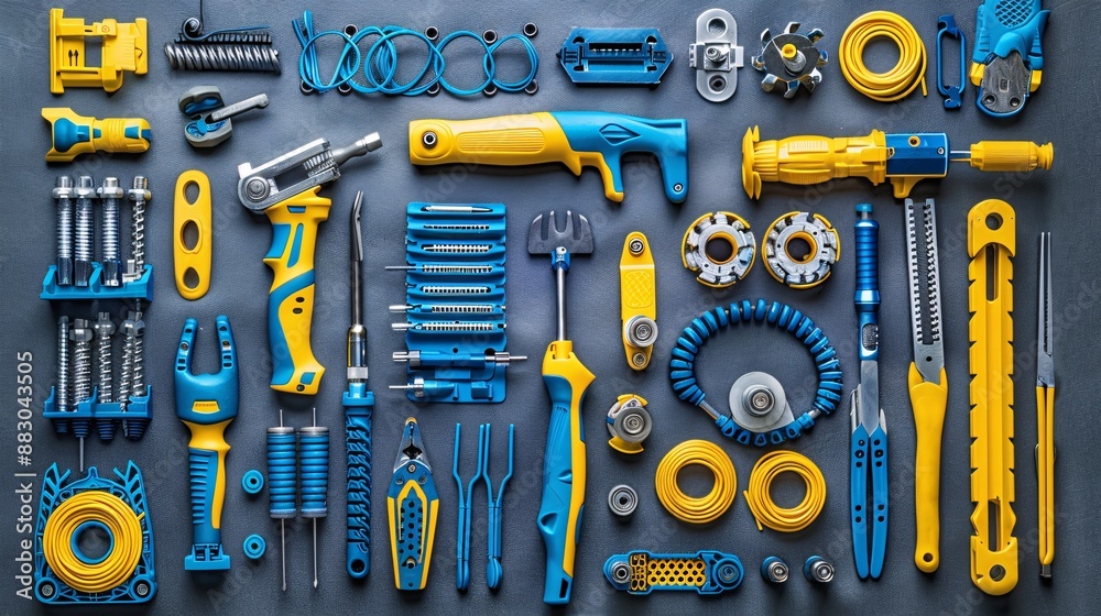 Poster neatly arranged flat lay of telecommunications tools including a fiber optic cleaver punch down tool