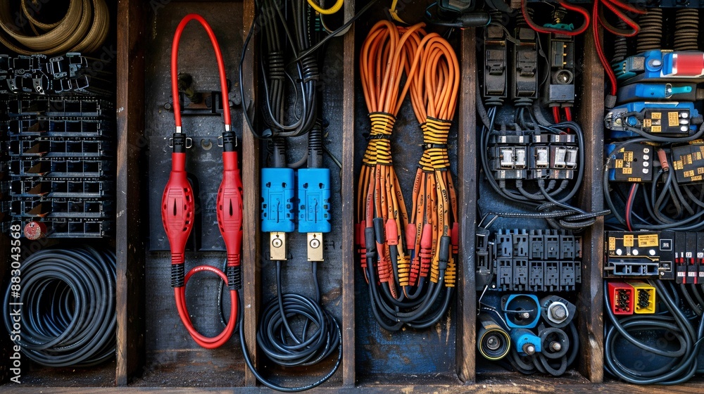 Poster top view of telecommunications equipment including a cable management tool rj45 connectors and a pun