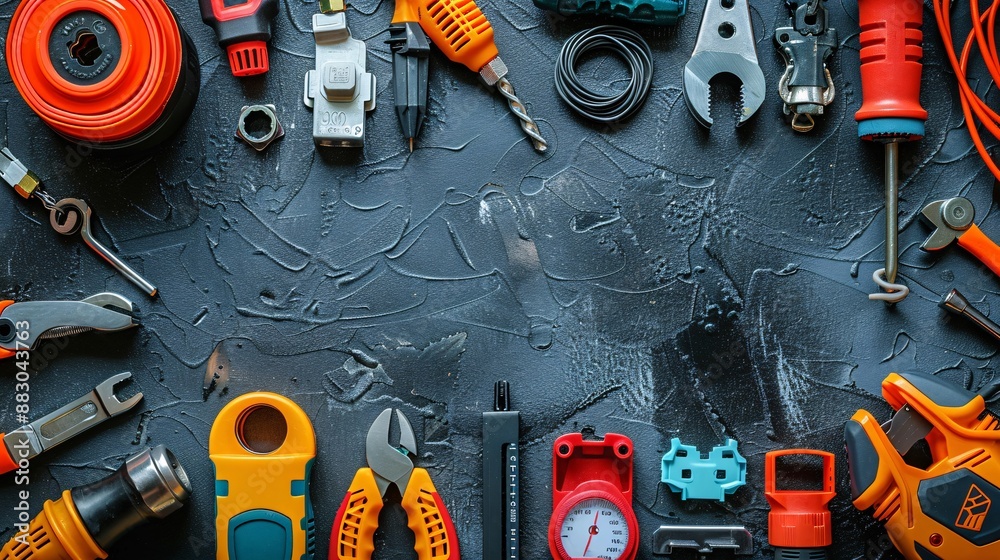 Aufkleber Flat lay of tools and materials for telecommunications work such as a cable tester keystone jacks and a multimeter Stock Photo with copy space