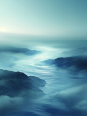 Naklejka premium Serene misty landscape with winding river at dawn.