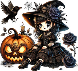 Watercolor Halloween, Gothic Girls Halloween, Ghost Clipart, Witch, Pumpkin, Spider, Commercial Use
