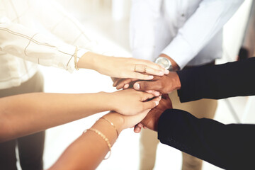 Business people, solidarity and stack of hands in office for diversity, support and collaboration. Connection, unity and employees with goal, team building or celebration for achievement in workplace