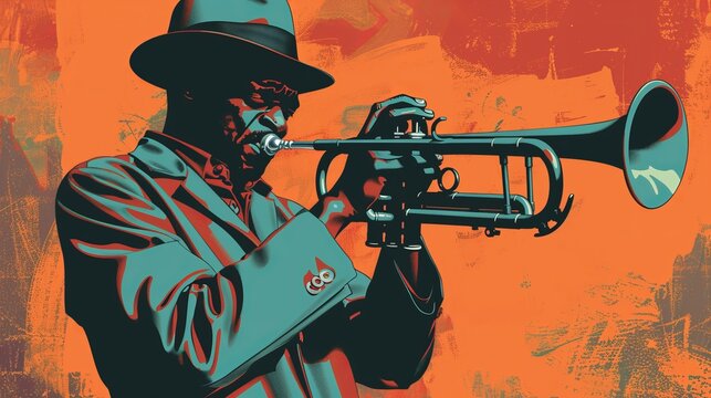 A stylish jazz musician wearing a hat and coat plays the trumpet passionately against a colorful, abstract background, exuding a vibrant artistic energy.