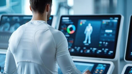 Man in white shirt analyzing health data on advanced fitness monitors in a high-tech environment.
