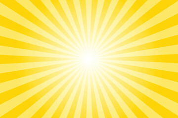 Yellow background with white sun ray. Pattern of starburst. Abstract cyber yellow texture with light of sunburst. Radial beam of sunlight. Retro background with flash. Design of sunbeams.