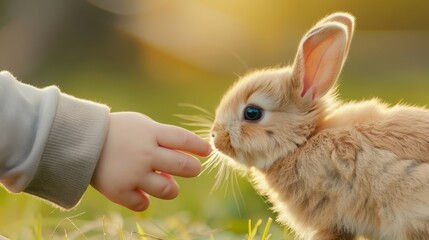 Naklejka premium A baby gently touches a rabbit's nose in a sunlit meadow, capturing a moment of tenderness and curiosity.