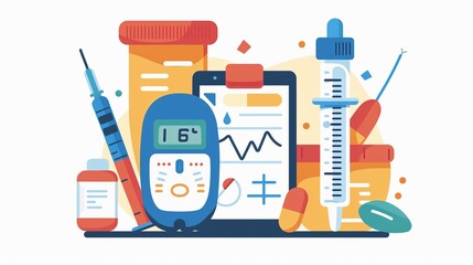 An illustration featuring essential medical tools and medications used in managing diabetes. It includes a glucometer, syringes, and prescription bottles, symbolizing healthcare and wellness.