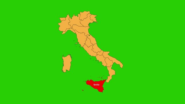 Sicilia map animated video. Map Highlighted on the Itali map with animation and colour with Green screen background in video format.	

