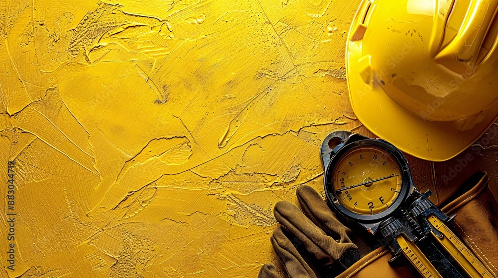 Poster top view of construction essentials including a spirit level gloves and a toolbox stock photo with c