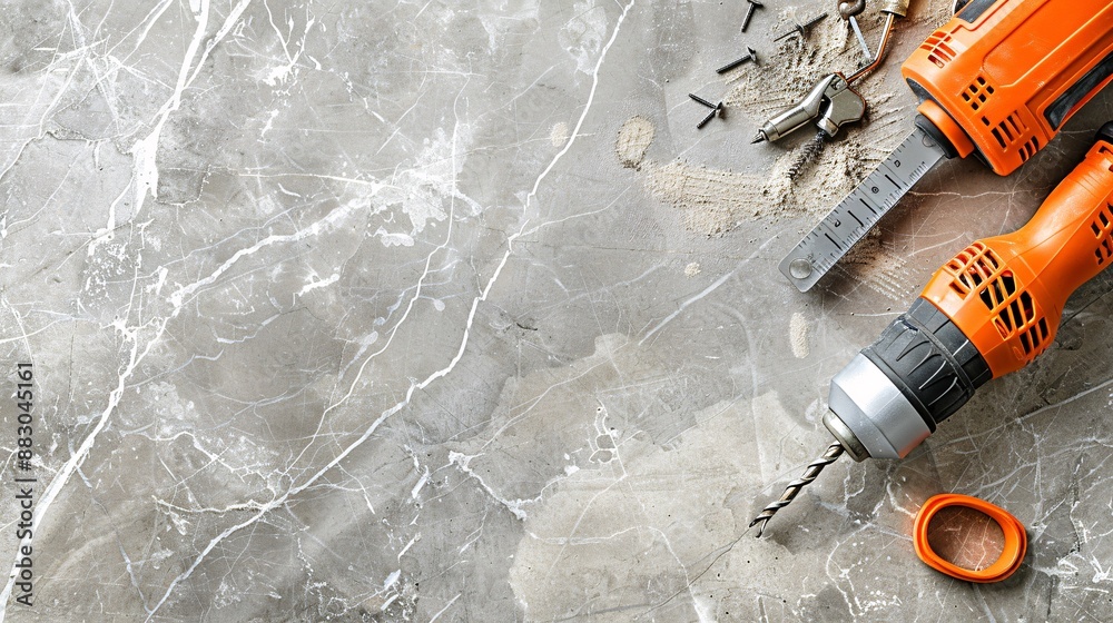 Poster tools and materials for construction work including a power drill level and a box of screws stock ph