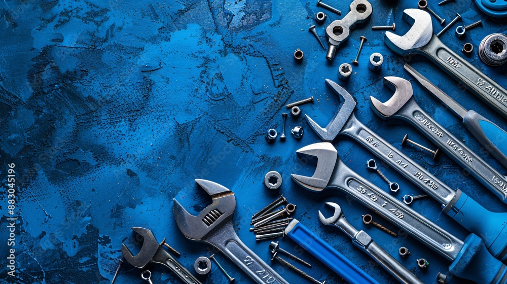 Poster Flat lay arrangement of construction hand tools like hammers wrenches and pliers with assorted screws and nails Stock Photo with copy space