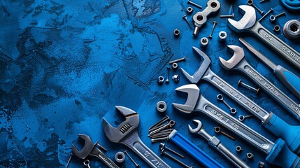 Flat lay arrangement of construction hand tools like hammers wrenches and pliers with assorted screws and nails Stock Photo with copy space
