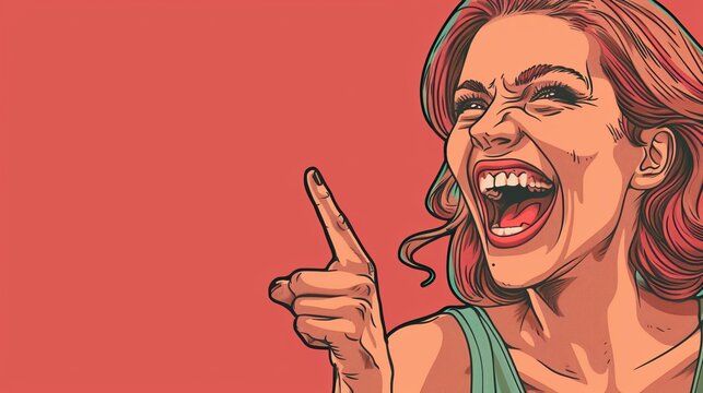A comic-style illustration of a woman laughing heartily, pointing her finger, set against a solid red background. Her expressive face captures a joyful moment. - Powered by Adobe