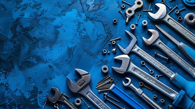 Flat lay arrangement of construction hand tools like hammers wrenches and pliers with assorted screws and nails Stock Photo with copy space