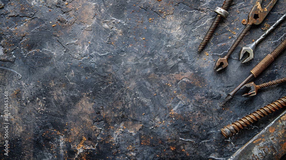 Aufkleber flat lay featuring a variety of construction components like nails screws and a set of drill bits st