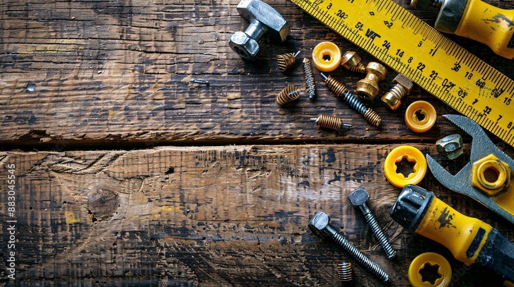 Poster essential tools for construction work laid out in a flat lay including a spirit level measuring tape