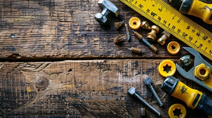 Essential tools for construction work laid out in a flat lay including a spirit level measuring tape and a selection of nails and screws Stock Photo with copy space