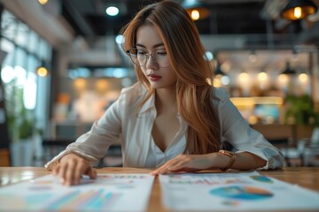 Fototapeta premium Focused businesswoman analyzing financial documents in a modern office environment with charts and graphs on the table.